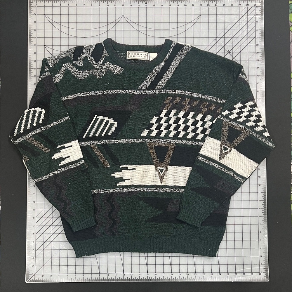 90s Crewneck Sweater - Green, Black, White - Vintage
